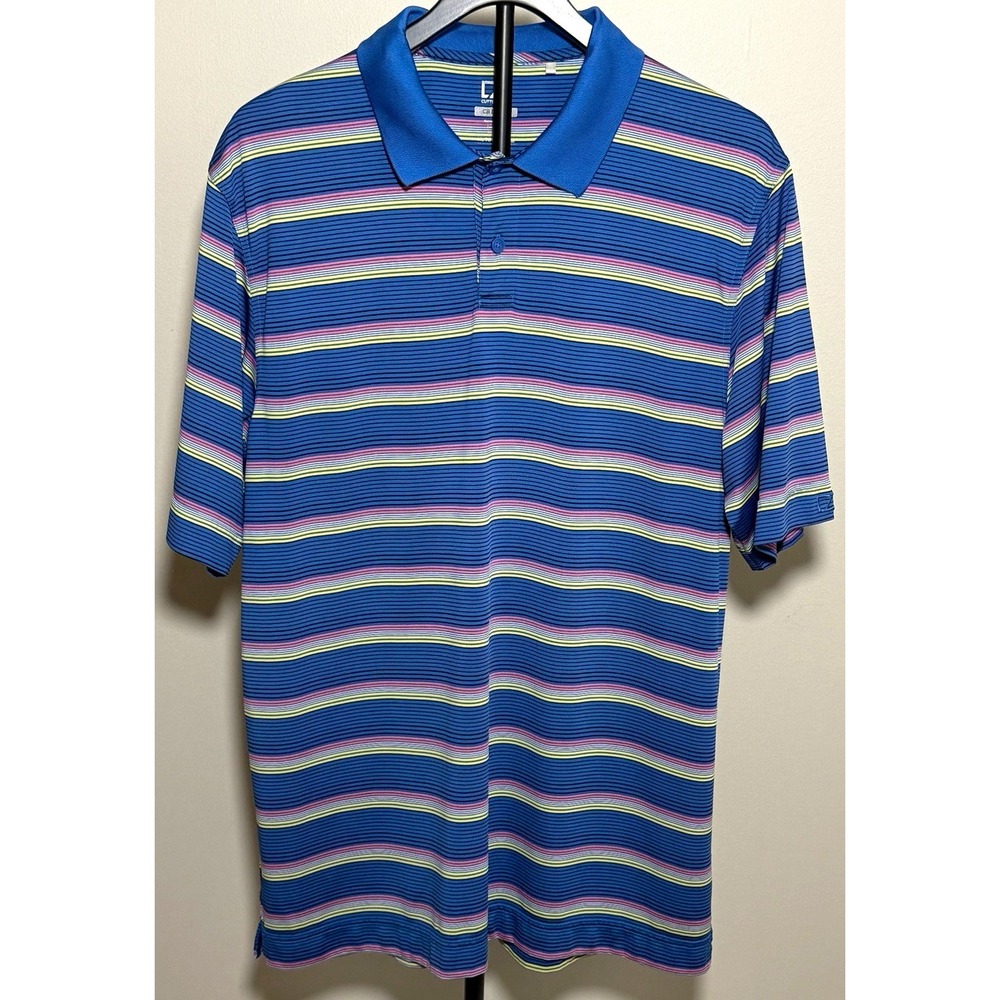 Cutter & Buck CB DryTec Blue Striped Polo Shirt Men's XL Short Sleeve Logo Golf